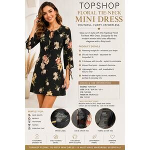 Topshop Black Floral Mini Dress US 4 Ruffle Tie Sleeve Romantic